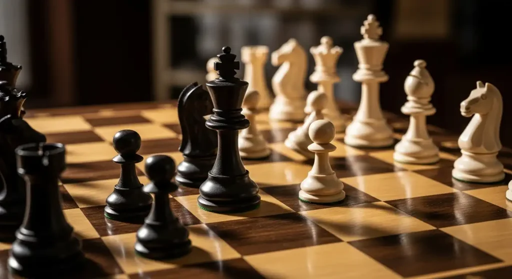 チェス盤の上で相手のキングがチェックメイトされた状態。法的な勝利の象徴。