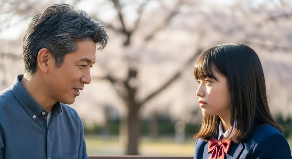 桜並木の下で娘と向き合う父親、冷静に諭すような表情