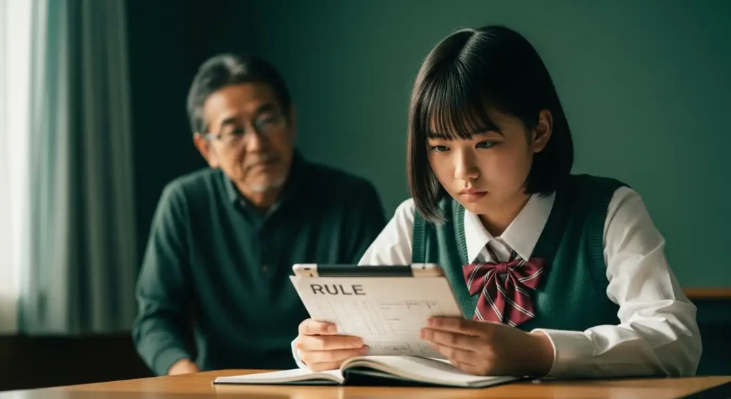 娘がタブレットを真剣に見つめ、父親が優しく見守る様子。親子でルールを学ぶ瞬間を象徴している。