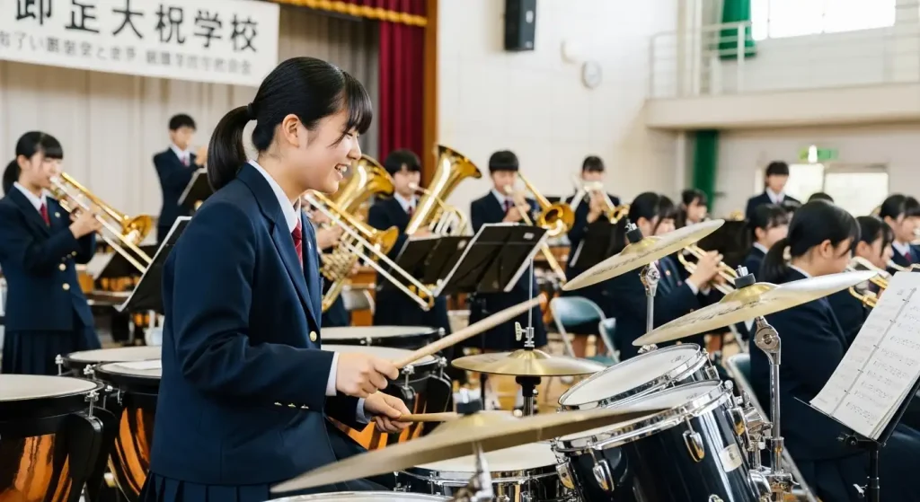 制服姿の女子学生がドラムを叩き、笑顔で楽しんでいる