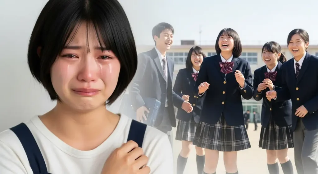 涙を流す女子学生の姿。その背景には、友人と笑顔で笑い合う女子学生たちの姿がぼんやりと見える。