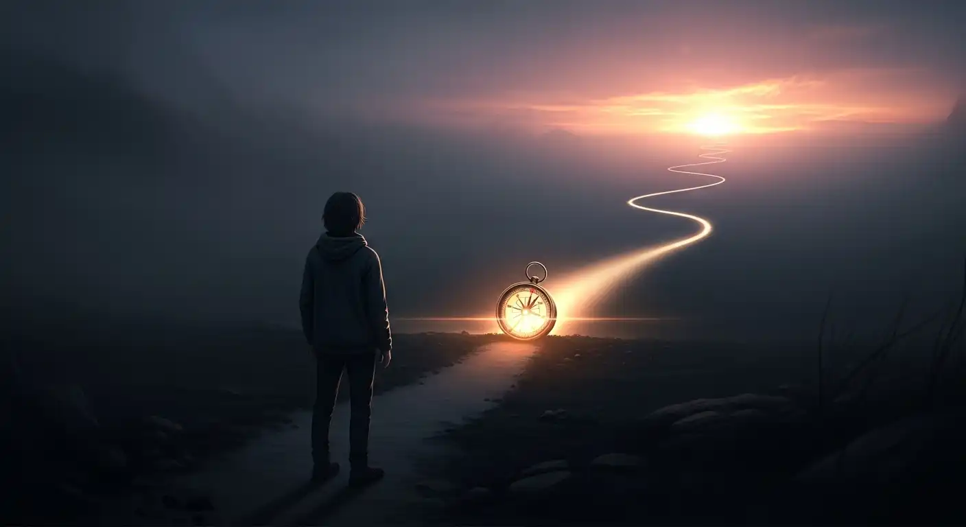 絶望の霧の中に立つ人物と、希望の光を指し示す羅針盤。ガリンペイロの五箇条を象徴している。