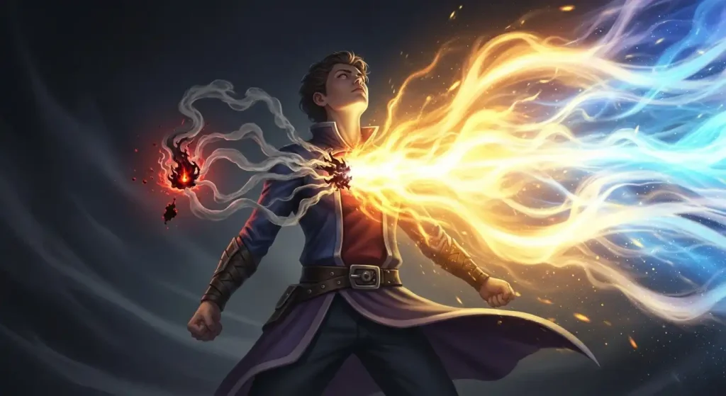 ネガティブな感情をポジティブなエネルギーに変える人物のイラスト。怒りが希望の炎に変わる様子を表現している。