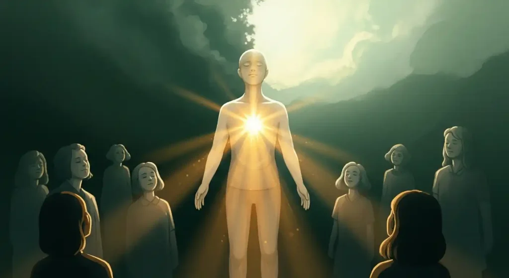 心から光を放ち、周囲の人々を照らす人物のイラスト。共感と心配りが奇跡を生む様子を象徴している。