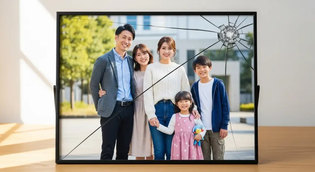 ひびが入った家族写真。信頼関係の崩壊と裏切りの象徴。
