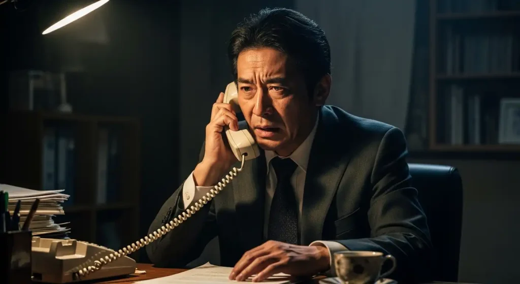 険しい表情の男性が受話器を握りしめ、電話をしている様子