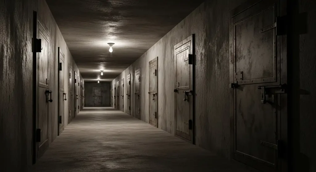 閉ざされた無数のドアが並ぶ廊下、絶望と閉塞感の象徴