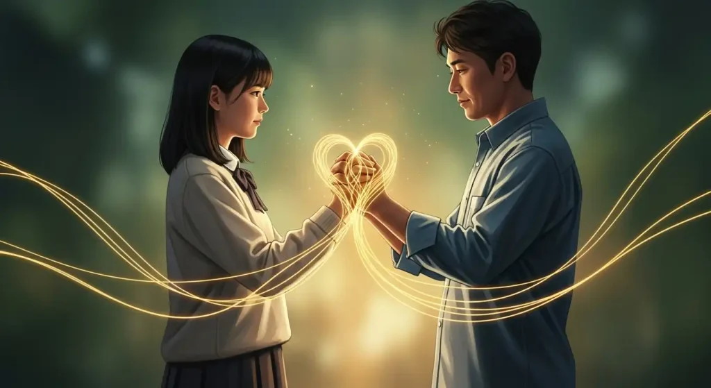 光り輝く糸で結ばれた父親と娘の握手。お金を通じて生まれた親子の絆を象徴する。