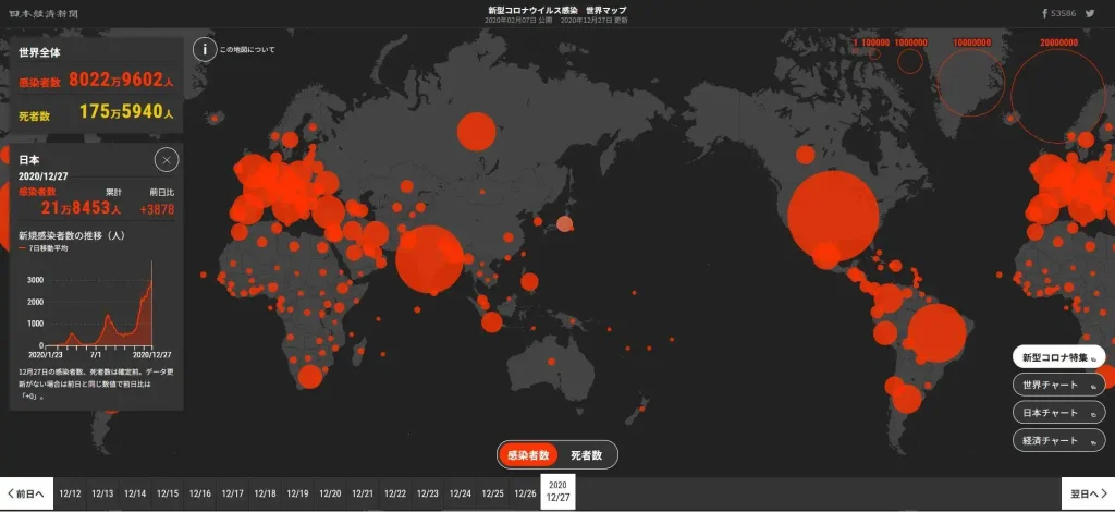 世界地図にパンデミックが広がっている様子。赤い点が感染状況を示す。
