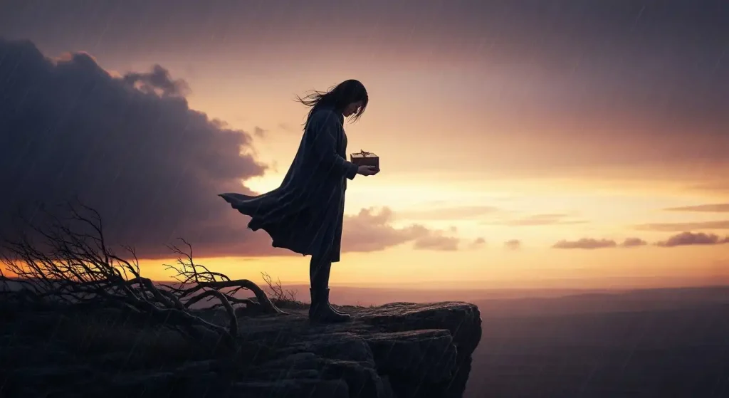 崖の上に立つ女性が、夕暮れの空の下、大切な箱を失おうとしている様子