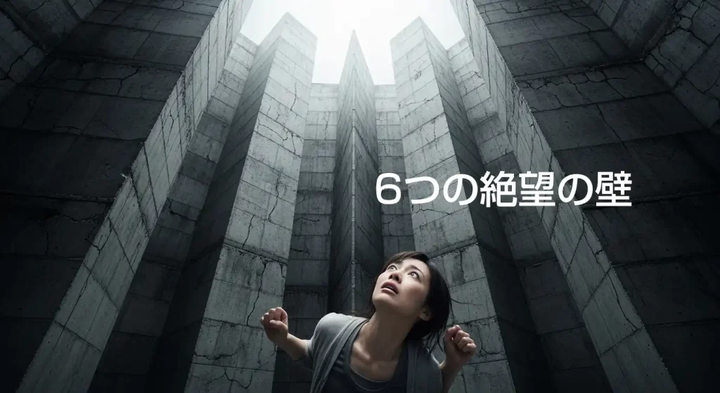 6つの巨大な絶望の壁を見上げる人物。法的包囲網のイメージ