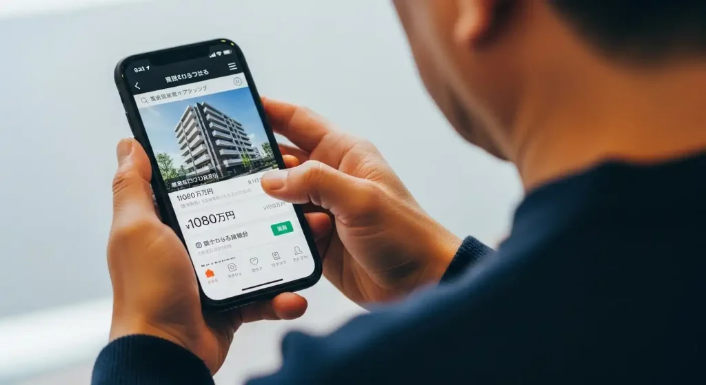 スマートフォンで住宅情報(マンション)を検索し、選択肢を検討する男性