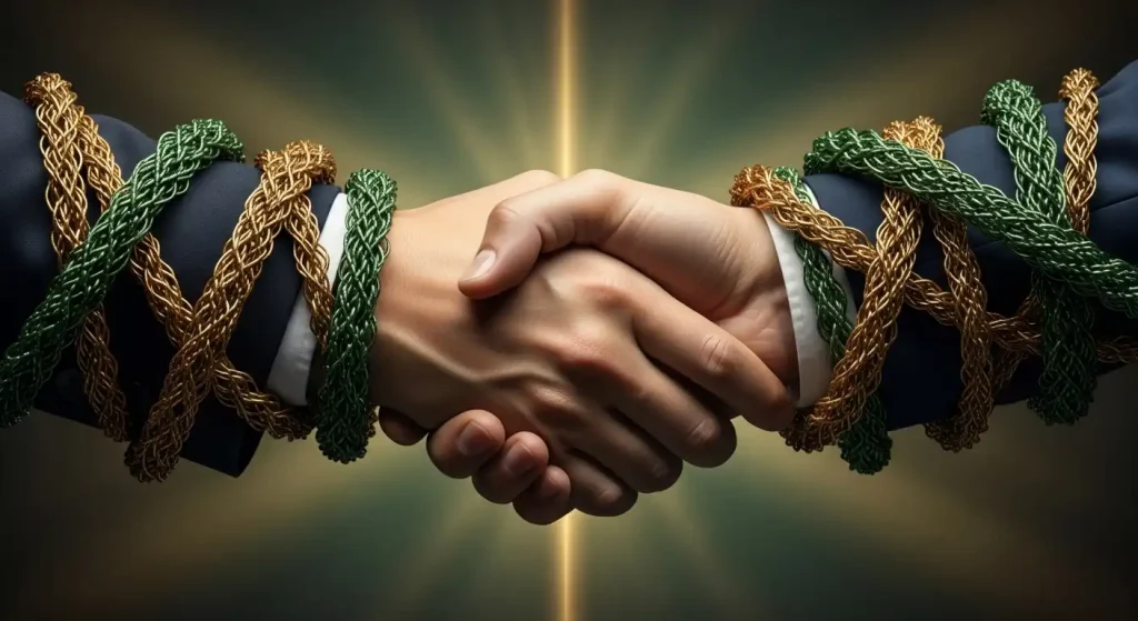 金と緑の鎖で強固に結ばれた握手。信頼関係を象徴する。